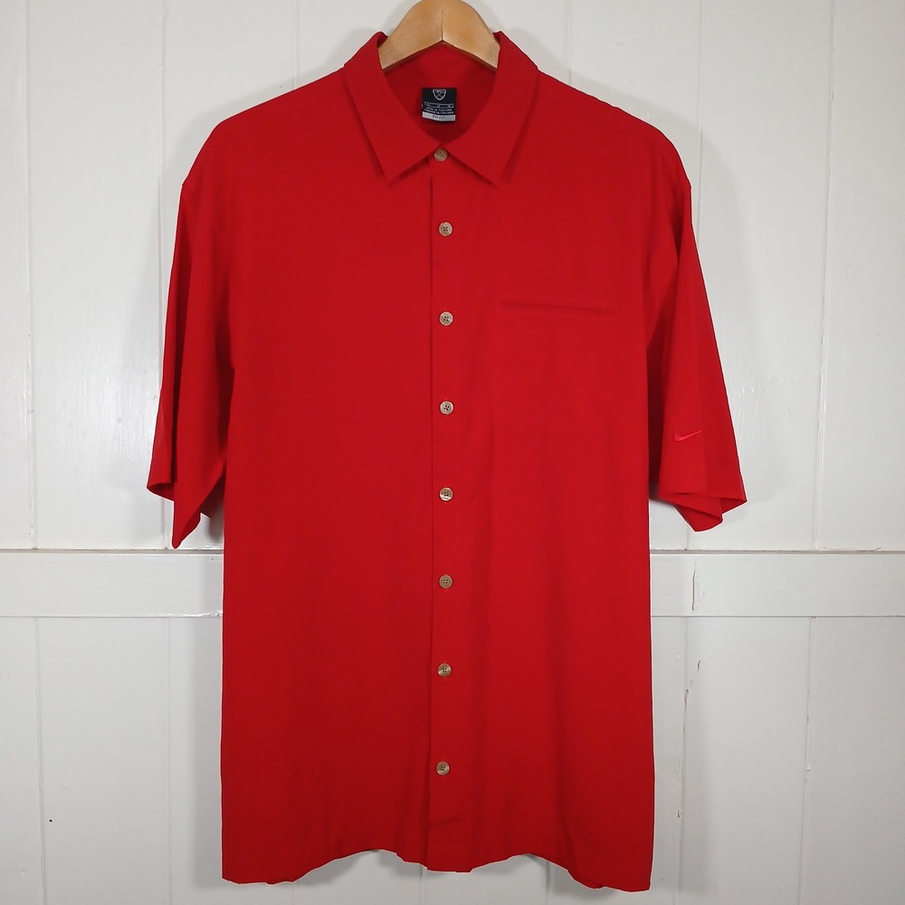 Nike Golf Button Down Shirt Mens M Red Dri-FIT Short Sleeve Stretch 194478